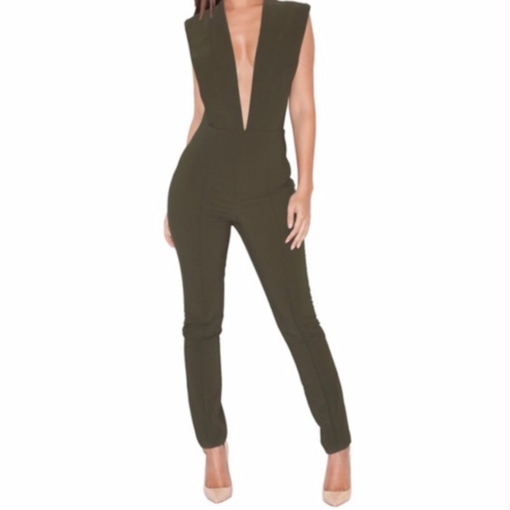 House of CB London Basia Green Deep V Jumpsuit Small W1 NWOT